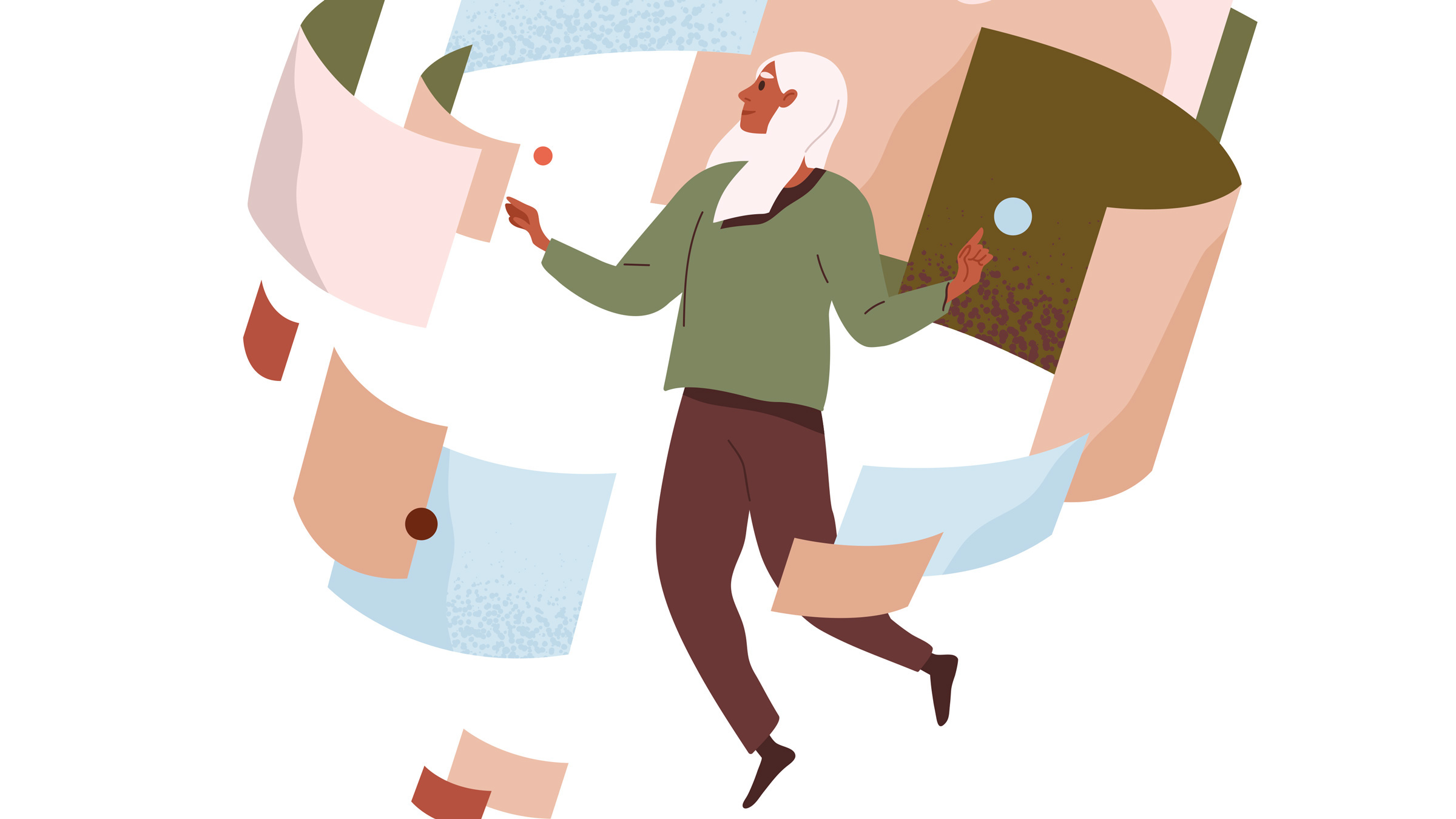 person surrounded by floating, curved screens, illustration