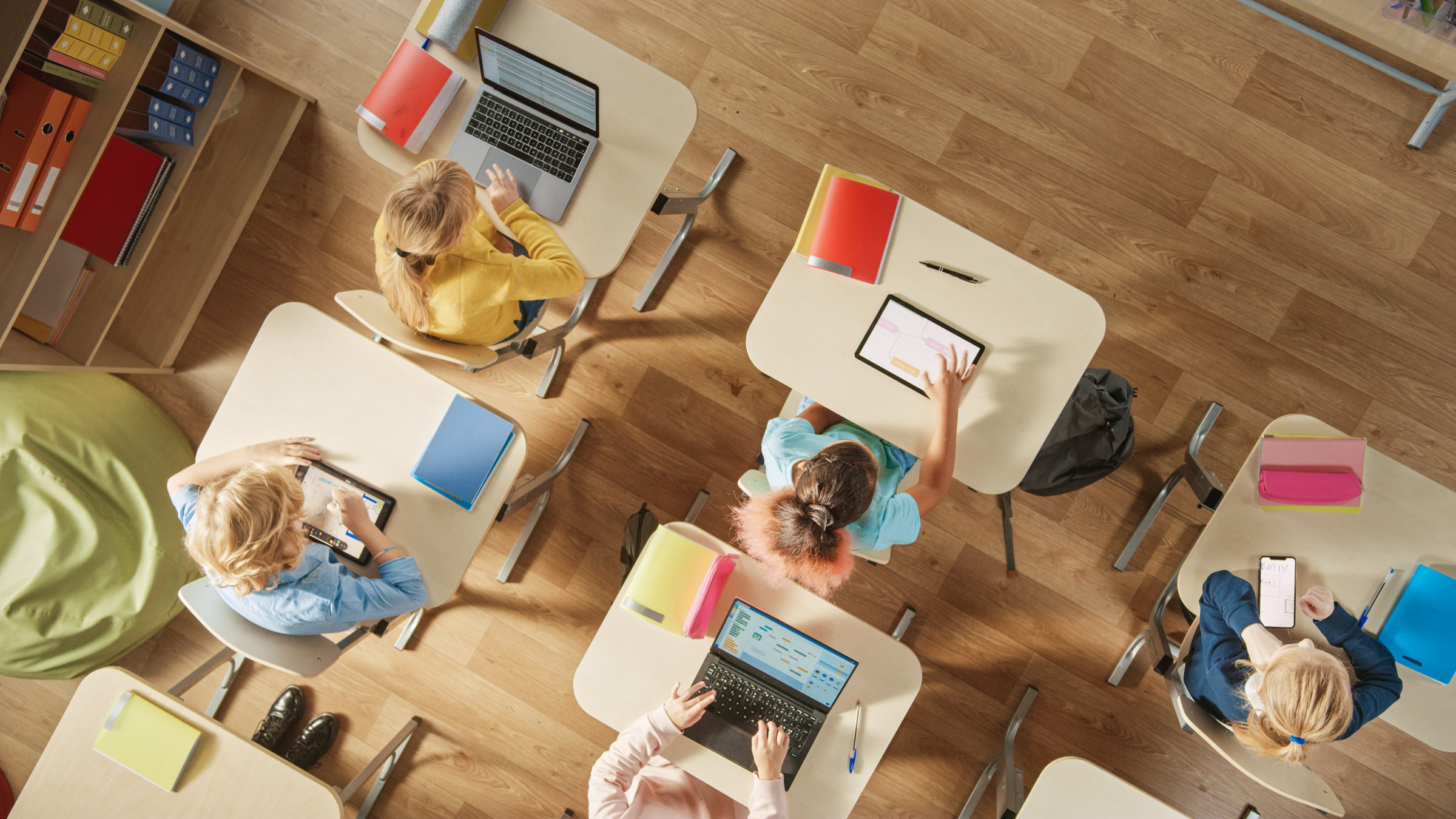 overhead view of grade school classroom