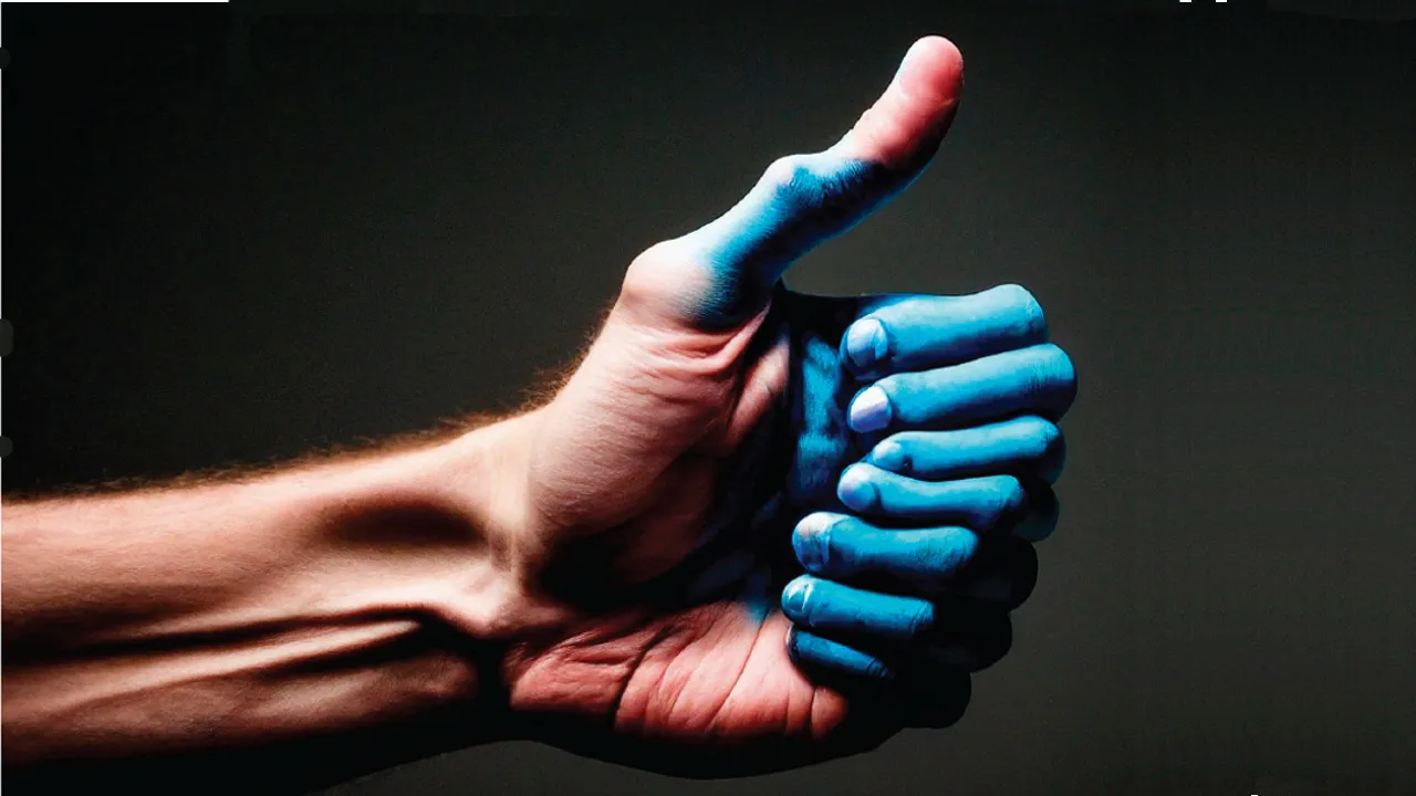 thumbs up from hand with eight blue fingers