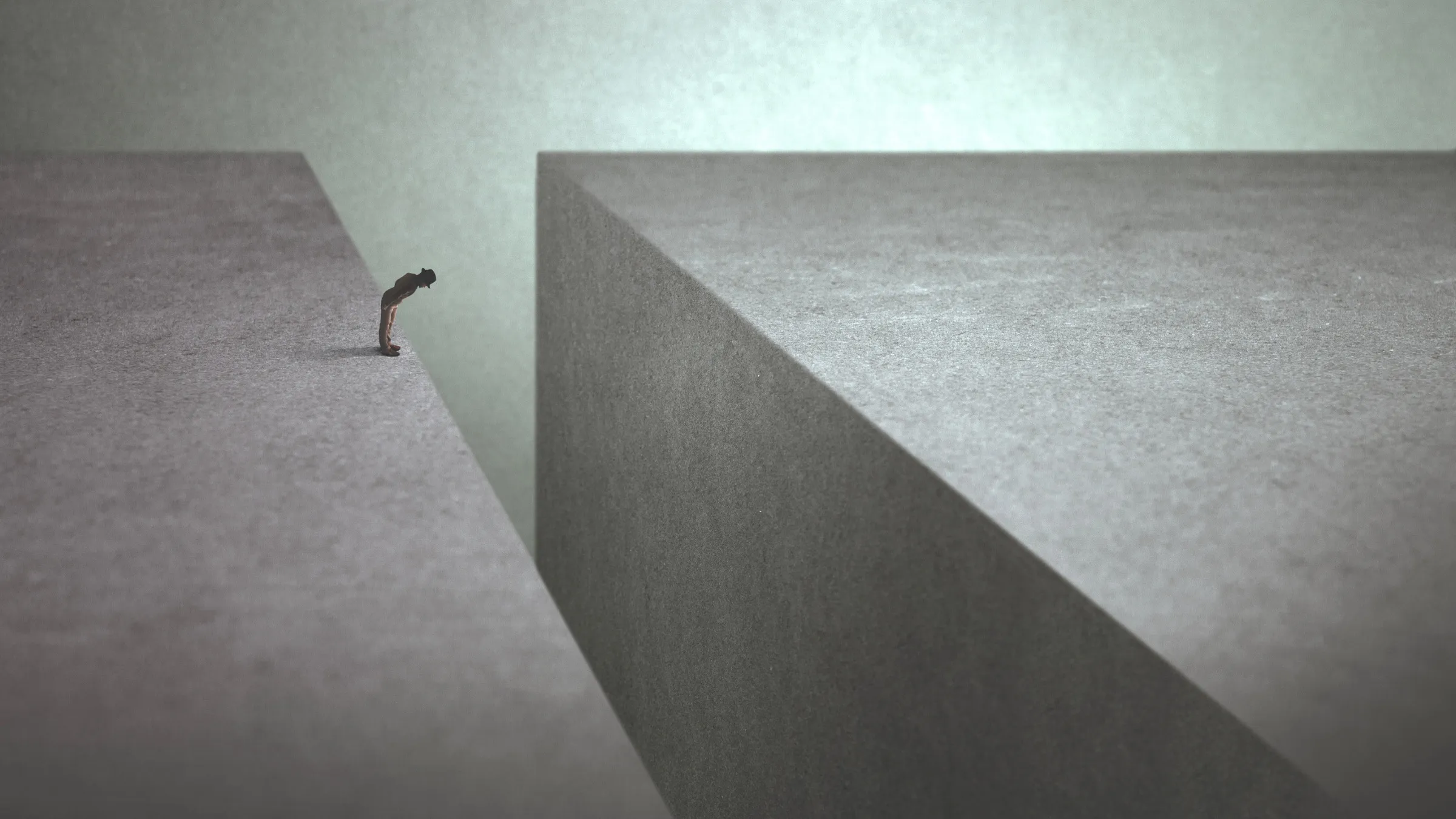 man peers over the edge of a gap, illustration